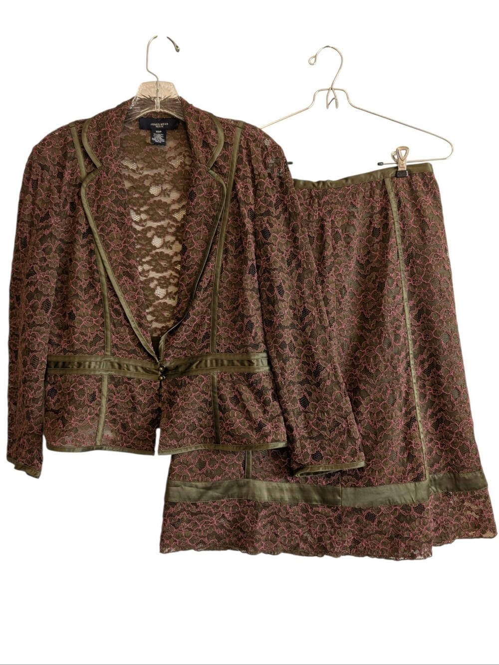 Jones WearLace Skirt & Blazer Jacket Green Pink Suit Retro A-Line Sz 10P Floral